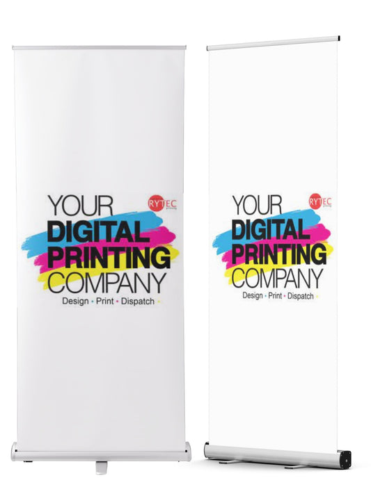 Two retractable banner stands with digital printing company branding on a white background